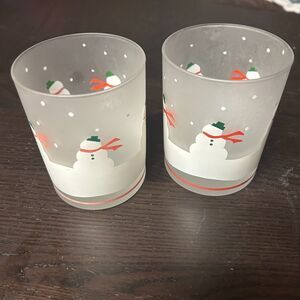 Set of 2 Frosted Glass Snowman Holiday Christmas Glasses 4" (H)
